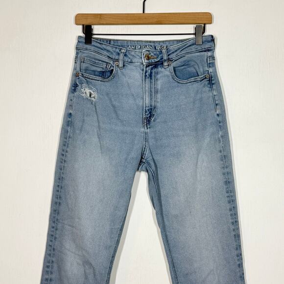 American Eagle Mom Jeans Size 6 Blue Denim Tapered High Rise Med Wash Distressed - Picture 3 of 10